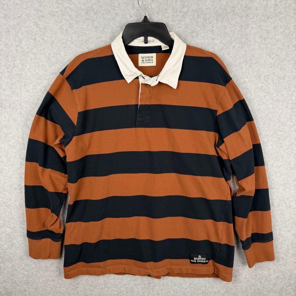 Scotch & Soda Amsterdam Mens Large Rugby Shirt Striped Orange Navy Blue Cotton